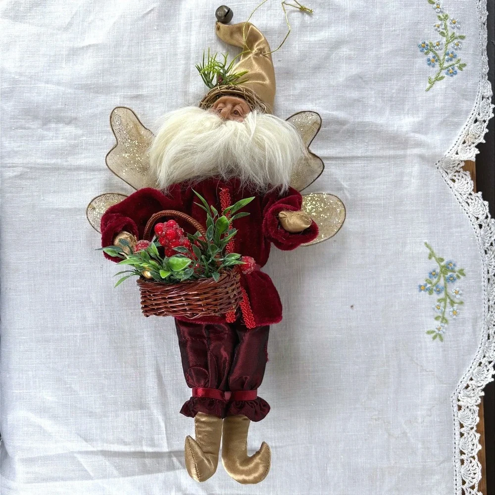Seasons of Cannon Falls Burgundy Velvet Christmas Elf Fairy Ornament Posable 12